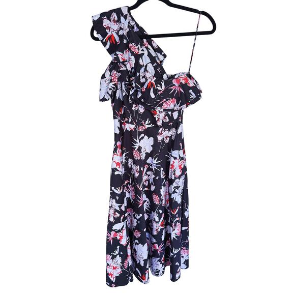 Jason Wu Floral One Shoulder Midi Dress 0 Black Wedding Guest Event Cocktail - Picture 2 of 12